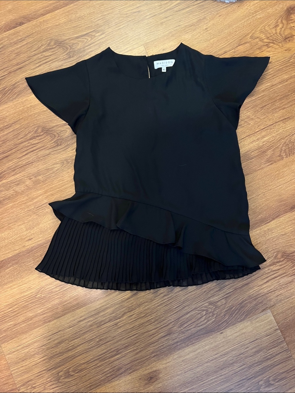 Madison Black Flutter Sleeve Ruffle Pleated Hem Blouse